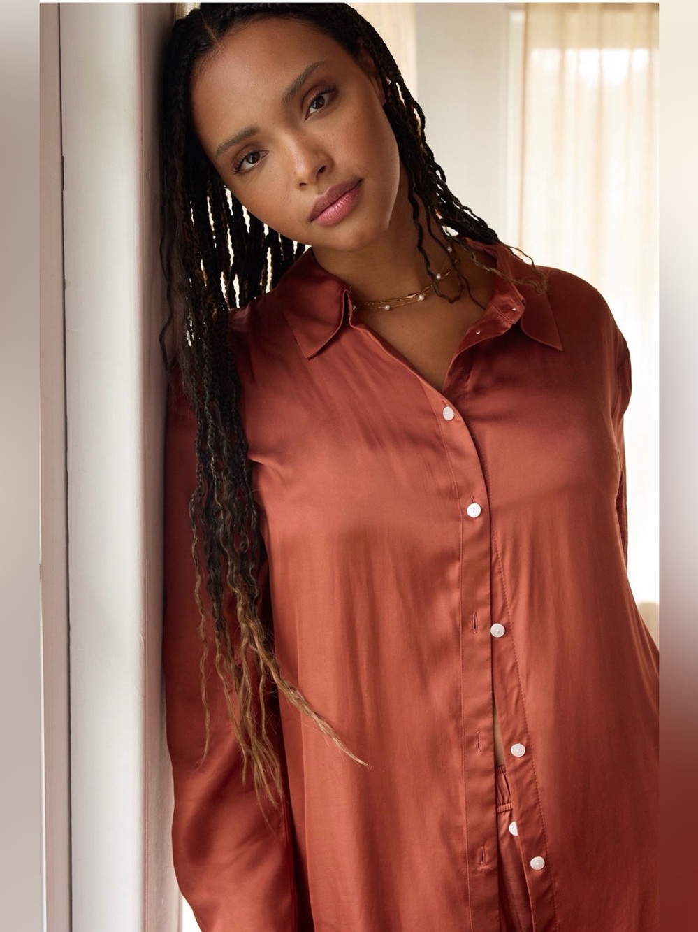 By Anthropologie Silky Pajama Top Bark Brown XS Oversized